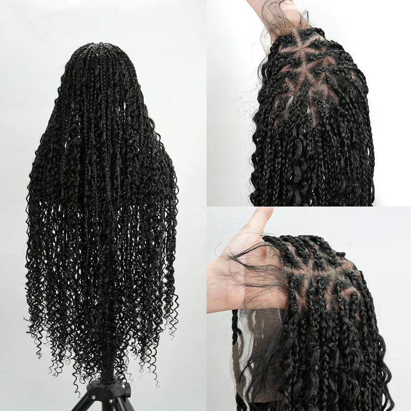 Natural Black Full Lace Bohemian Synthetic Wig with Triangle Knotless Braided Black Women's Natural Wave Boho Braid Wigs