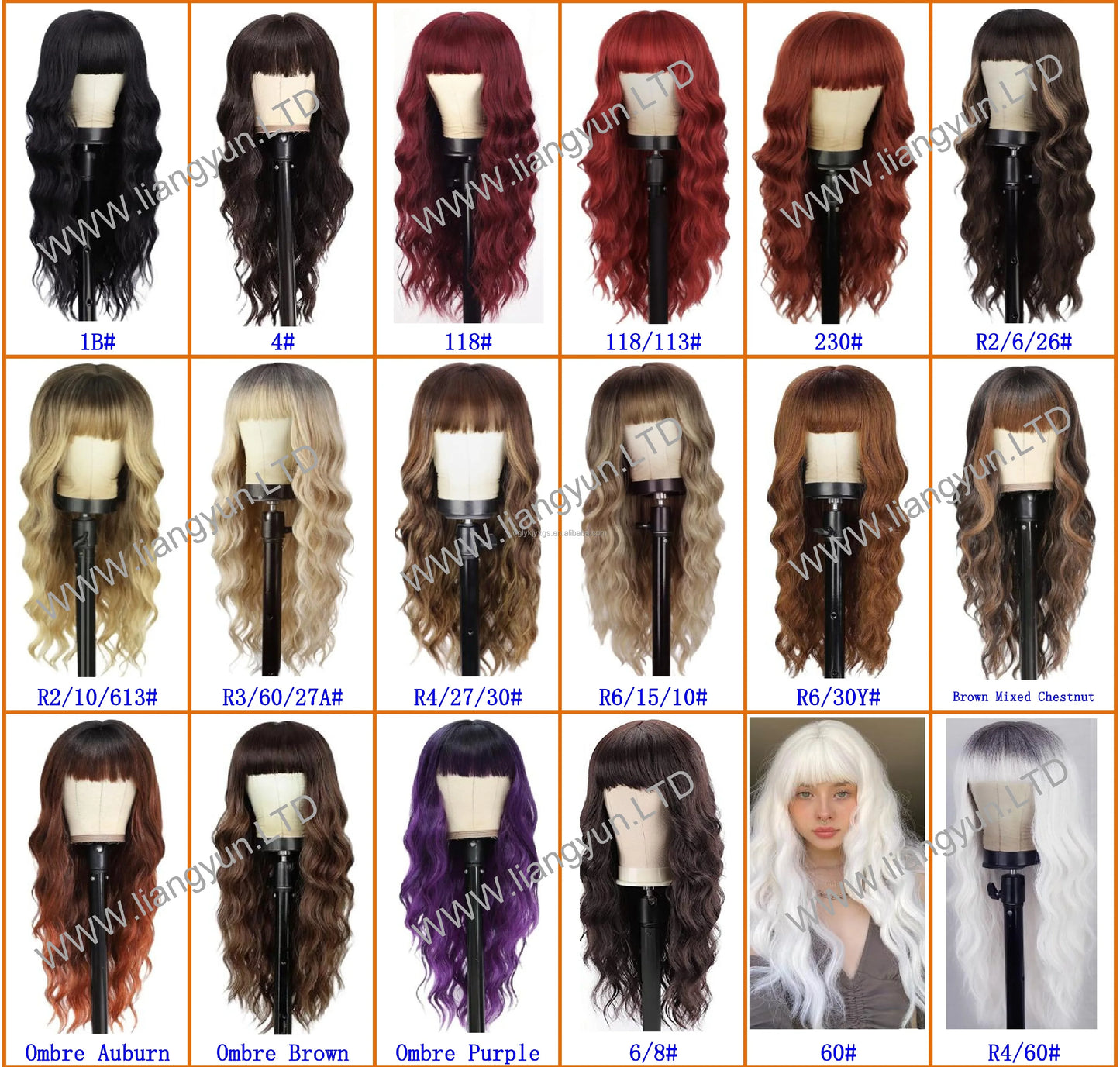 Hot Sales 26Inch Brown Mixed Blonde Wigs with Bangs for Women Wavy Curly Hair Heat Resistant Synthetic Fiber Wigs Women Hair