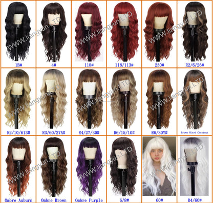 Hot Sales 26Inch Brown Mixed Blonde Wigs with Bangs for Women Wavy Curly Hair Heat Resistant Synthetic Fiber Wigs Women Hair