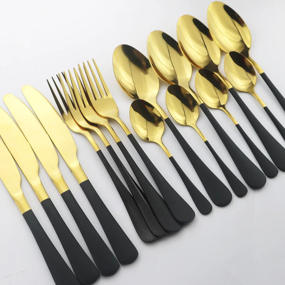 Blue Dinnerware Stainless Steel Tableware Fork Spoon Knife Dinner Set Kitchen Black Cutlery Set Silverware 16Pcs
