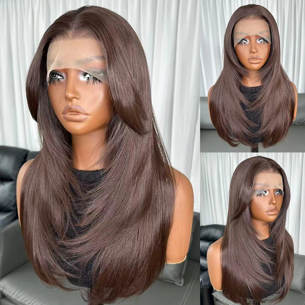Long Natural Wavy Layered Wigs Brown Color Futura Fiber Hair 13X4 Synthetic Lace Front Wigs for Black Women