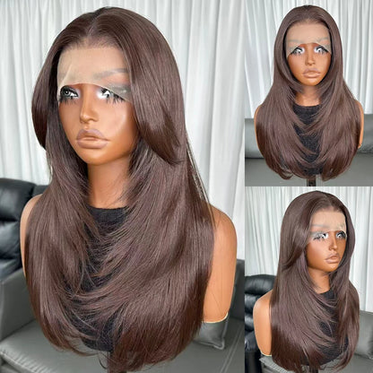 Long Natural Wavy Layered Wigs Brown Color Futura Fiber Hair 13X4 Synthetic Lace Front Wigs for Black Women