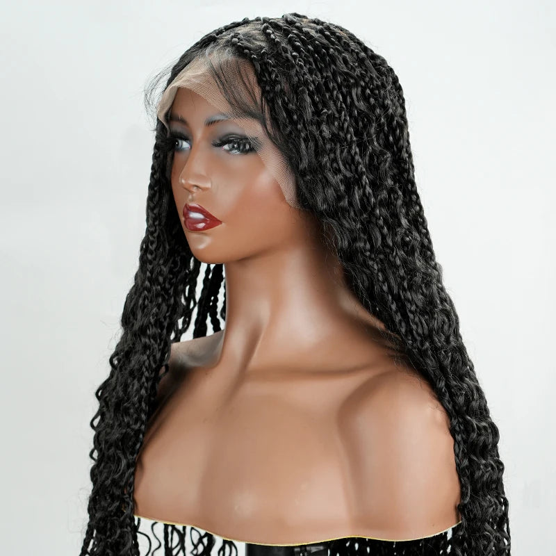 Natural Black Full Lace Bohemian Synthetic Wig with Triangle Knotless Braided Black Women's Natural Wave Boho Braid Wigs