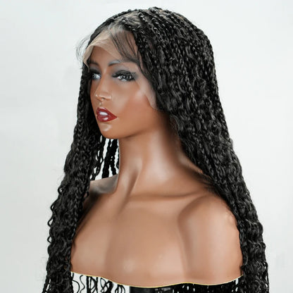 Natural Black Full Lace Bohemian Synthetic Wig with Triangle Knotless Braided Black Women's Natural Wave Boho Braid Wigs