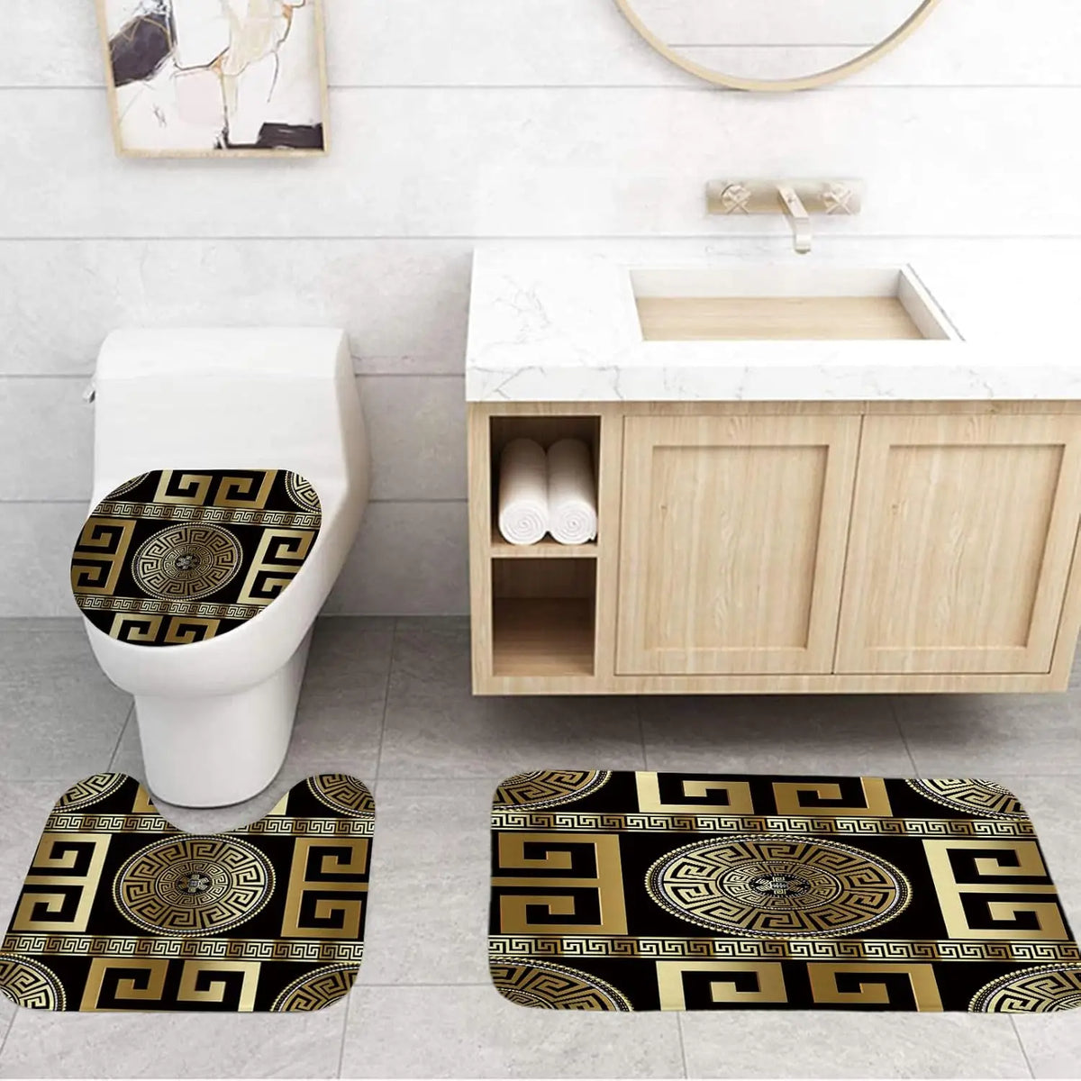 4PCS Black Gold Geometric Print Polyester Fabric Shower Curtain Set Modern Waterproof Soft Fabric Non-Slip Bath Mat 12