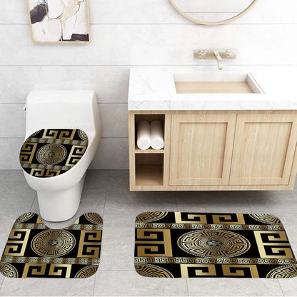 4PCS Black Gold Geometric Print Polyester Fabric Shower Curtain Set Modern Waterproof Soft Fabric Non-Slip Bath Mat 12