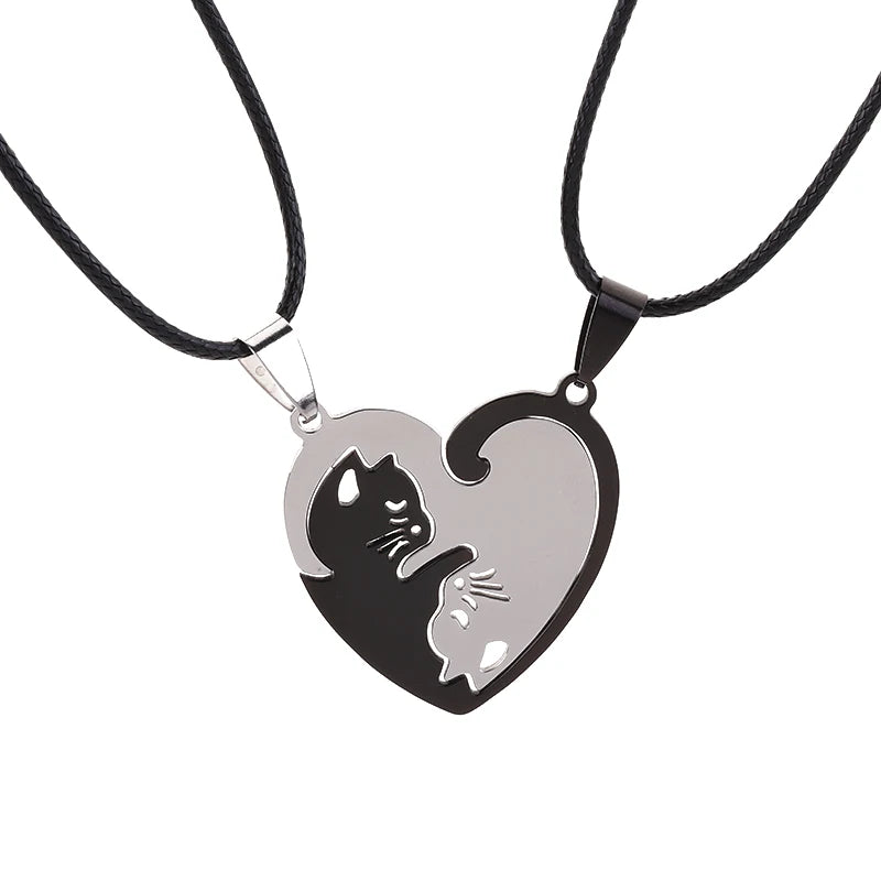 Stainless Steel Pet Cat Kitty Love Heart Pendant Puzzle Matching Necklace Chain For Couple Lover Valentine