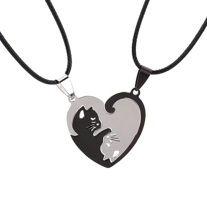 Stainless Steel Pet Cat Kitty Love Heart Pendant Puzzle Matching Necklace Chain For Couple Lover Valentine