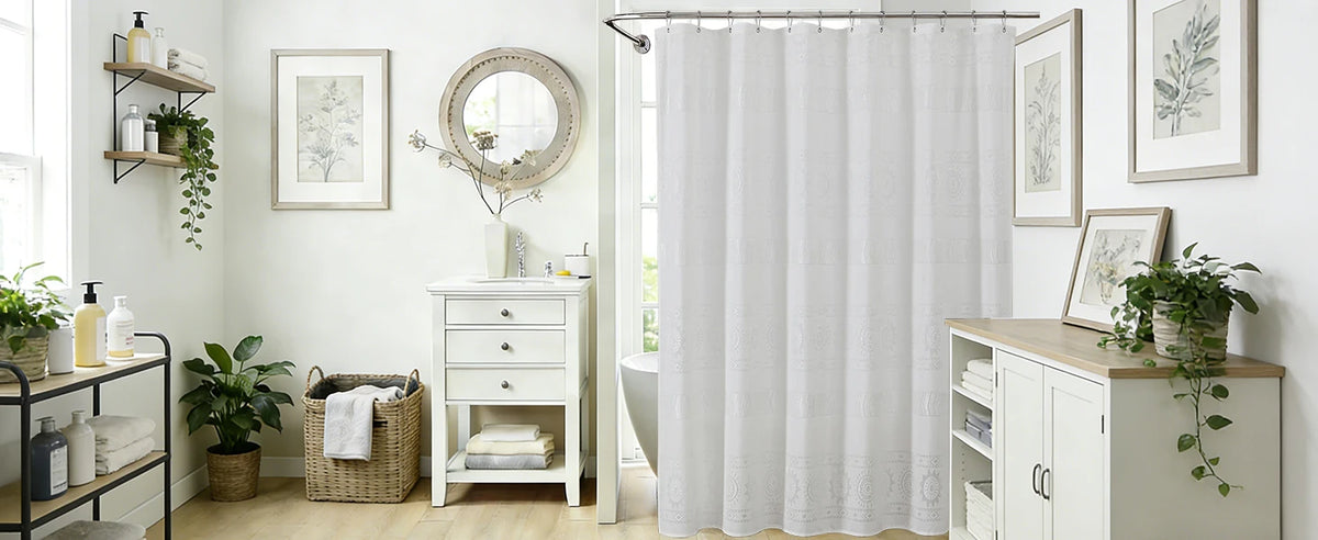 Grey Boho Farmhouse Elegant Washable Sheer Lace Shower Curtain Set 72Wx72L with 12 Plastic Hooks