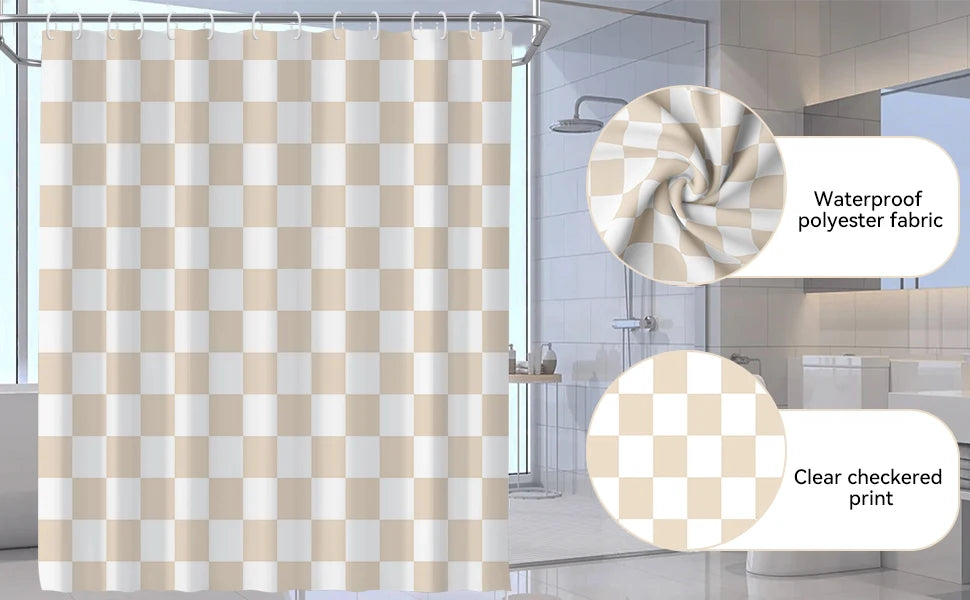 4-Piece Checkered Gingham Retro Waterproof Shower Curtain Set Non-Slip Bath Rug 12 Hooks Soft Fabric for Bathroom Use