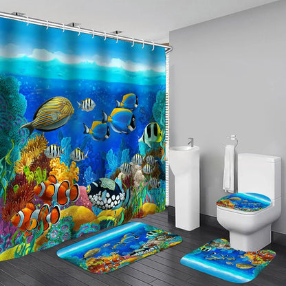 4-Piece Sunlight Sea Fish Ocean Theme Bathroom Set with Rugs Shower Curtain 12 Hooks-Machine-Washable Blackout Polyester