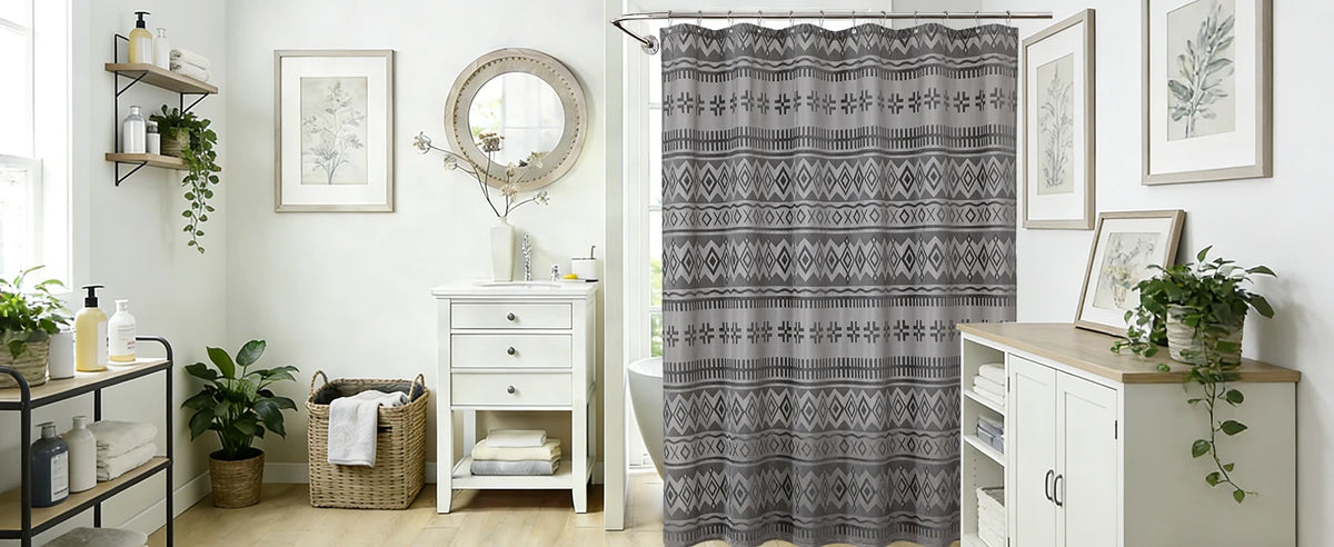 Grey Boho Farmhouse Elegant Washable Sheer Lace Shower Curtain Set 72Wx72L with 12 Plastic Hooks