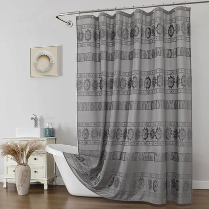 Grey Boho Farmhouse Elegant Washable Sheer Lace Shower Curtain Set 72Wx72L with 12 Plastic Hooks