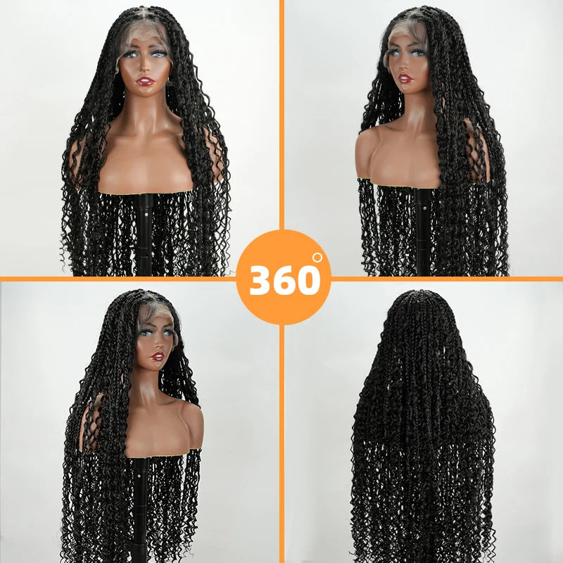 Natural Black Full Lace Bohemian Synthetic Wig with Triangle Knotless Braided Black Women's Natural Wave Boho Braid Wigs