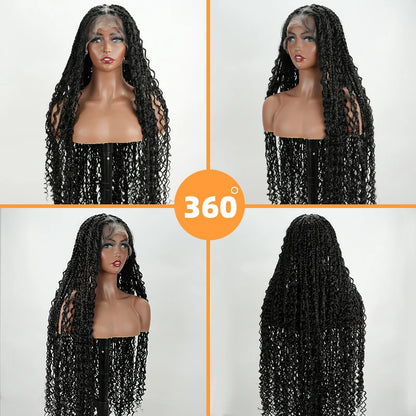 Natural Black Full Lace Bohemian Synthetic Wig with Triangle Knotless Braided Black Women's Natural Wave Boho Braid Wigs