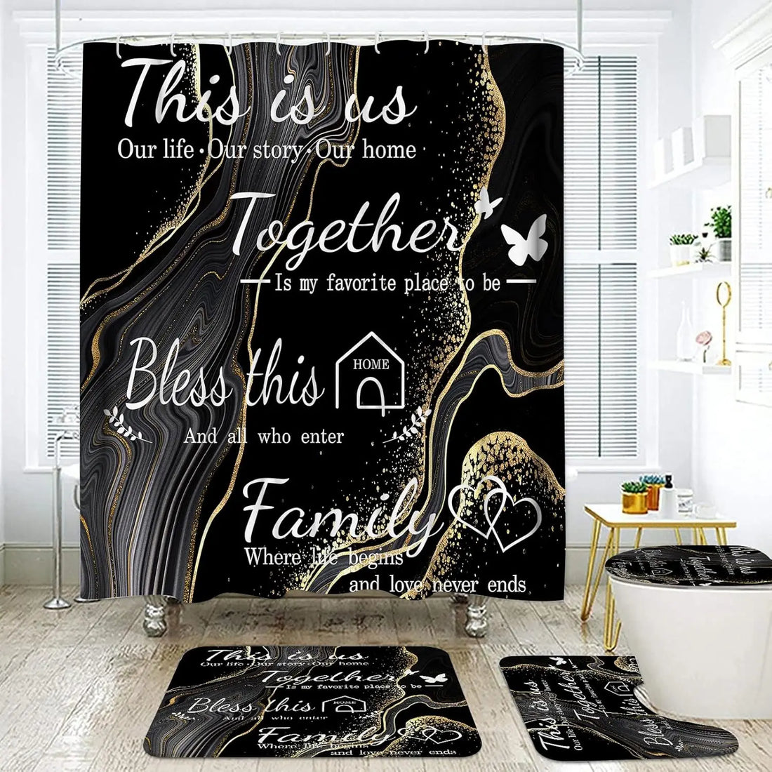 4-Piece Marble Design Polyester Shower Curtain Set Non-Slip Bath Mat Toilet Lid Mat U-Shaped Floor Mat Black Gold 12