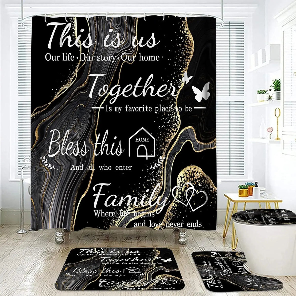 4-Piece Marble Design Polyester Shower Curtain Set Non-Slip Bath Mat Toilet Lid Mat U-Shaped Floor Mat Black Gold 12