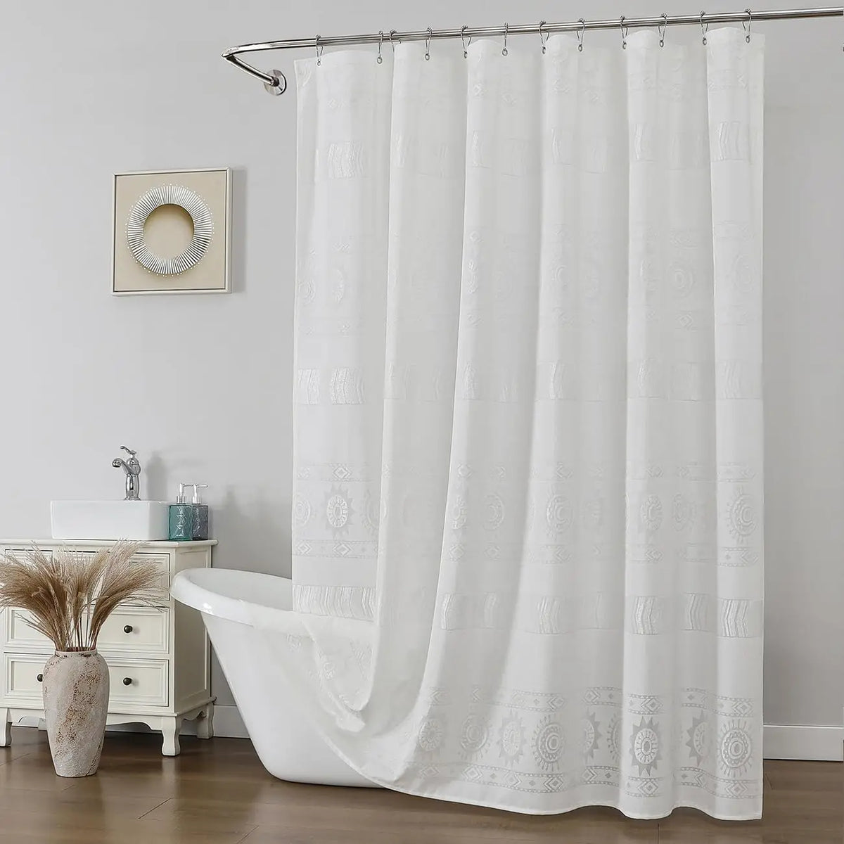 White Boho Farmhouse Modern Shower Curtain Set Waterproof Polyester Neutral Textured 72Wx72L Inches 12 Plastic Hooks