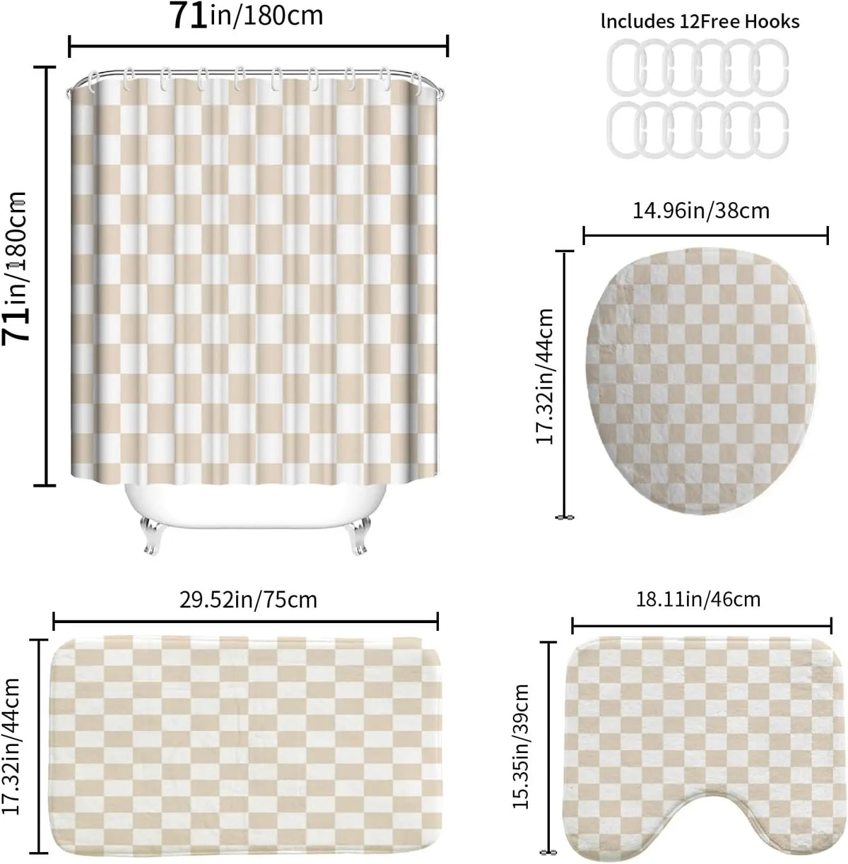 4-Piece Checkered Gingham Retro Waterproof Shower Curtain Set Non-Slip Bath Rug 12 Hooks Soft Fabric for Bathroom Use