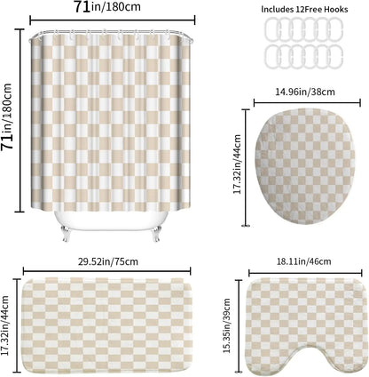 4-Piece Checkered Gingham Retro Waterproof Shower Curtain Set Non-Slip Bath Rug 12 Hooks Soft Fabric for Bathroom Use