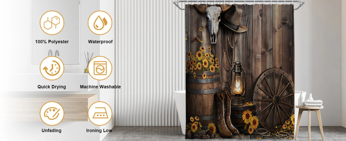 4-Piece Brown Cowboy Rustic Western Farmhouse Shower Curtain Set Non-Slip Rugs Washable Polyester Fabric Sunflower Barn