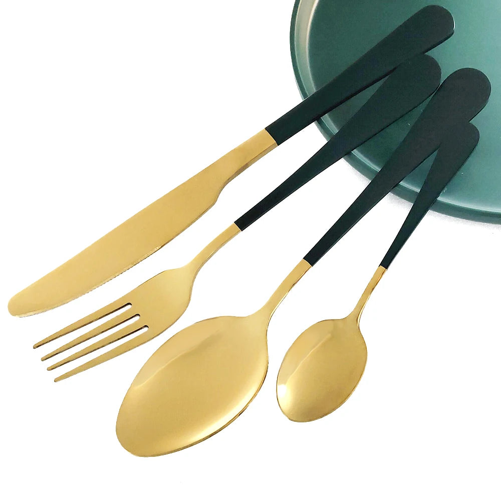 Blue Dinnerware Stainless Steel Tableware Fork Spoon Knife Dinner Set Kitchen Black Cutlery Set Silverware 16Pcs