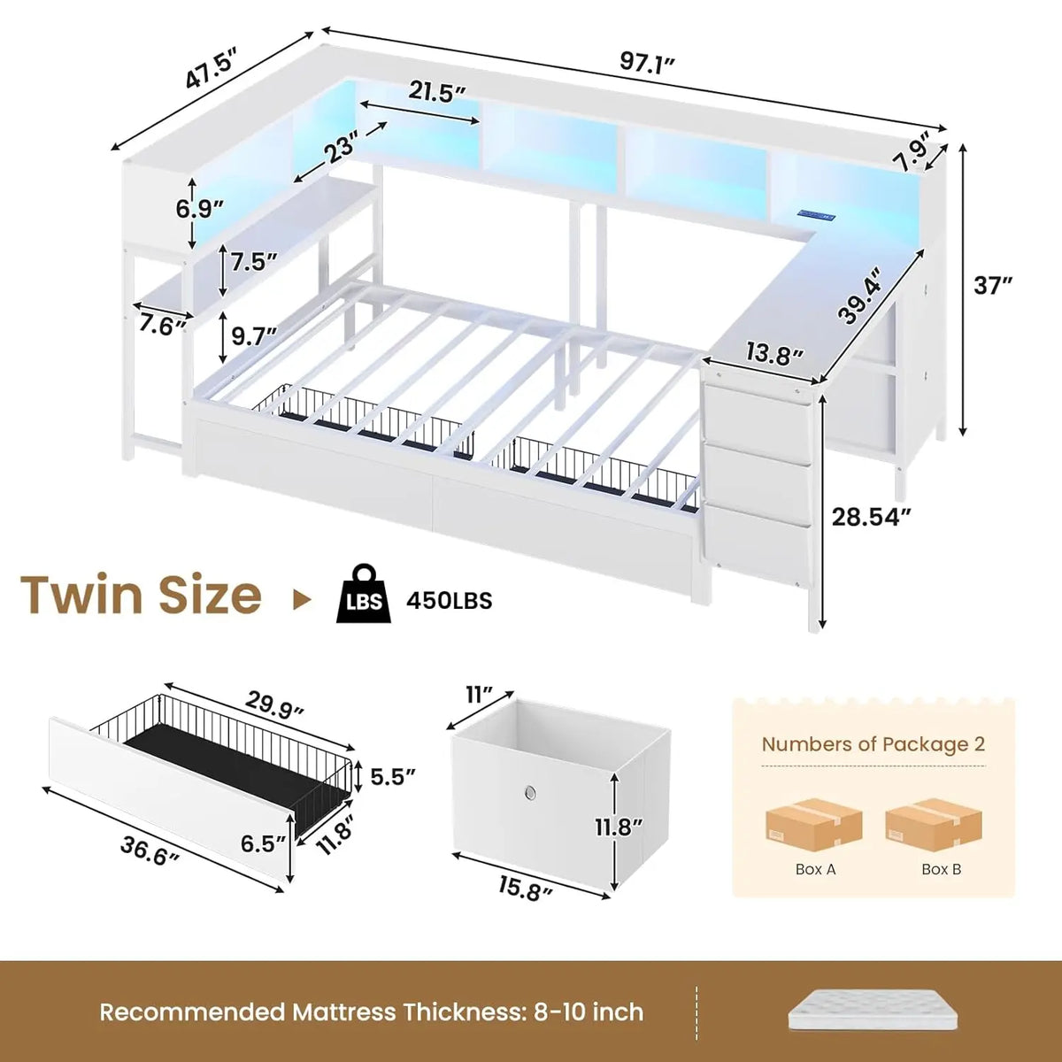 Corner Twin Bed Frame With Desk,Charging Station And Bookcase Storage Metal Platform Bed Frame With Storage Drawers And Led Ligh