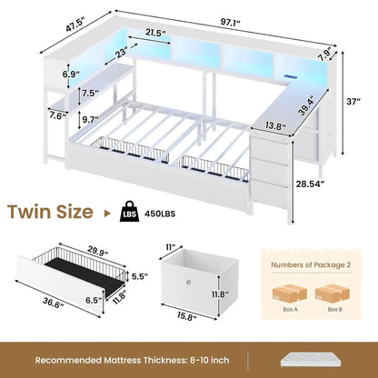 Corner Twin Bed Frame With Desk,Charging Station And Bookcase Storage Metal Platform Bed Frame With Storage Drawers And Led Ligh