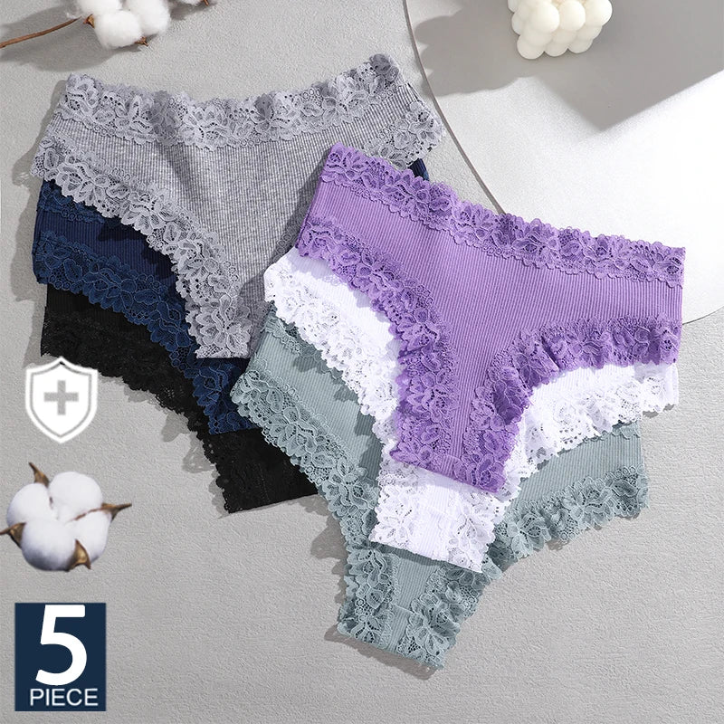 FINETOO 5PCS Sexy Lace Cotton Panties Women Brazilian Panties Ladies Sexy Low Waist Elastic T-Back Bikini Solid Soft Lingerie