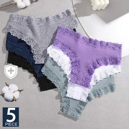 FINETOO 5PCS Sexy Lace Cotton Panties Women Brazilian Panties Ladies Sexy Low Waist Elastic T-Back Bikini Solid Soft Lingerie