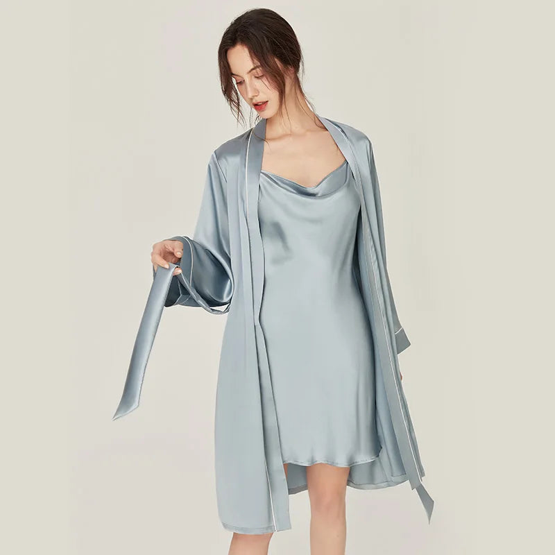 BirdTree, 100%Real Silk Simple Night-robe, Women V Neck Long Sleeve, Elegant Sexy Pajamas Robe, 2024 Summer Autumn New P469123QM
