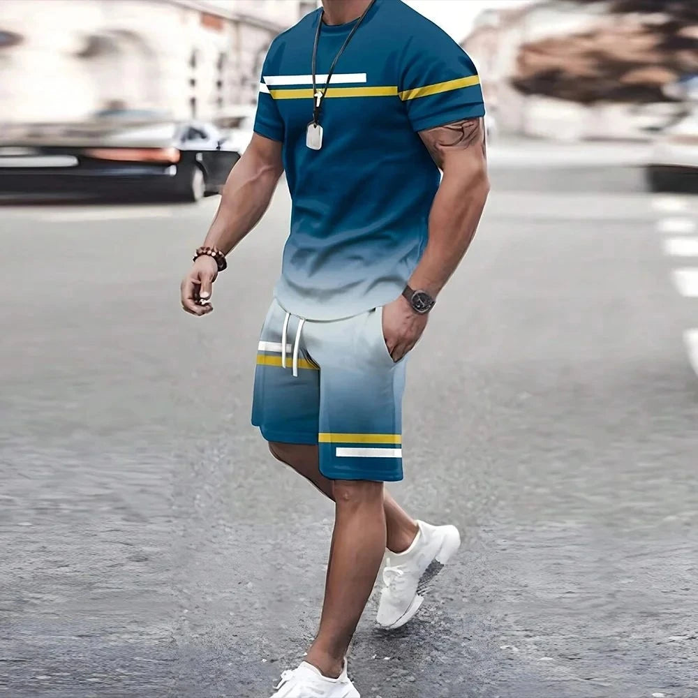 2025 Men's New Fashion Summer Casual Loose Quick Drying Top Outdoor Urban Breathable Comfortable Short Sleeve Set Street Trend T
