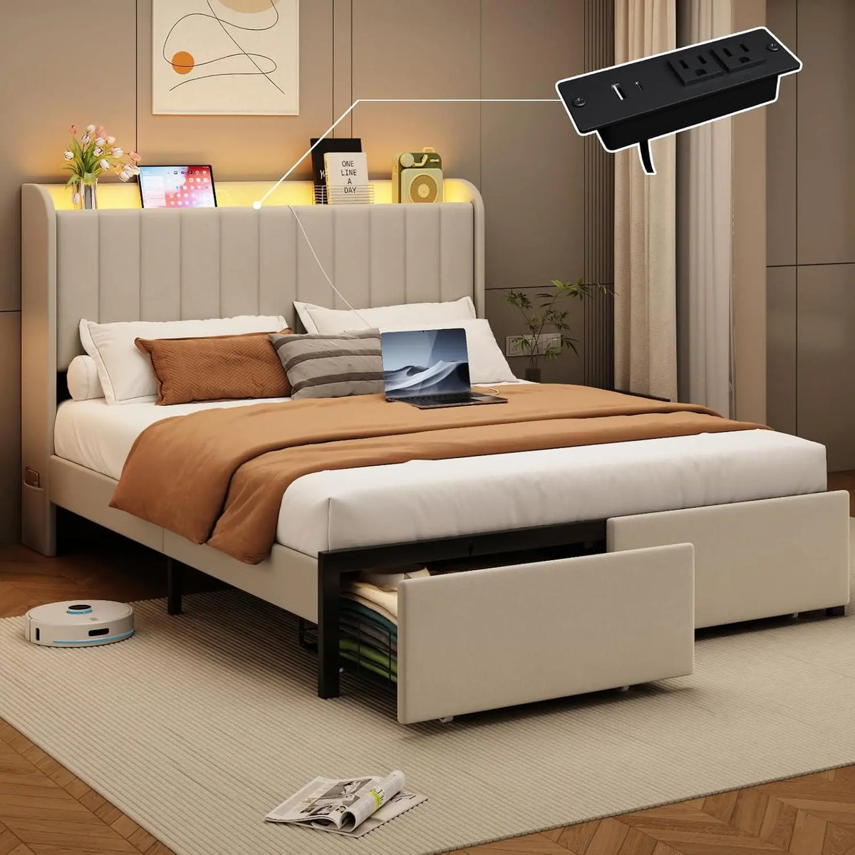 Full Size Bed Frames with Storage Headboard and 2 Drawers, Upholstered Platform Bed Frame Full with Led Lights and, Customized