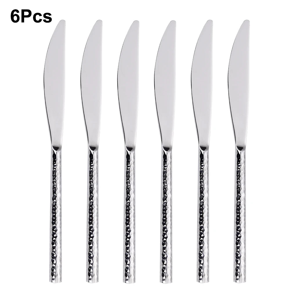 6/12/15Pcs Sliver Heavy Cutlery Stainless Steel 304 Tableware Western Dinner Set Mirror Hammer Pattern Handle Knife Fork Spoon