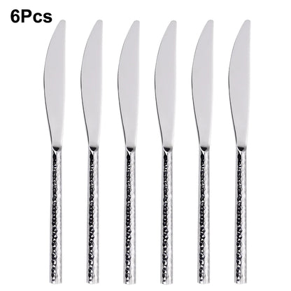 6/12/15Pcs Sliver Heavy Cutlery Stainless Steel 304 Tableware Western Dinner Set Mirror Hammer Pattern Handle Knife Fork Spoon