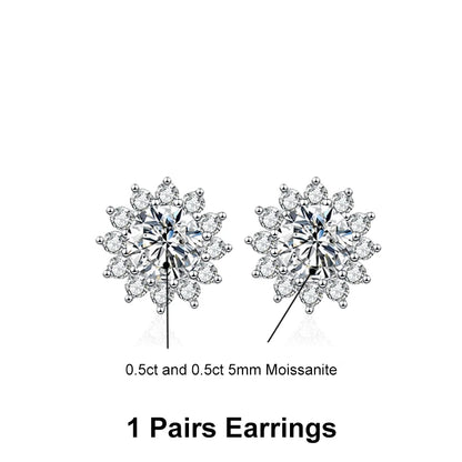 NeeTim 0.5ct 1ct 2ct 3ct Moissanite Jewelry Set 925 Silver with Gold Plated Flower Pendant Necklace Stud Earrings Sets for Women