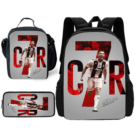 Child School Football R-RonaldoS CR7 Backpack with Lunch Bags ,Pencil Bags ,School Bags for Boys Girls Best Gift