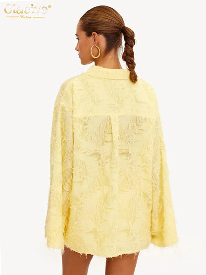 Clacive Fashion Loose Yellow 2 Piece Sets Women Outfit 2024 Casual Long Sleeve Shirt With High Waist Shorts Set Streetwear