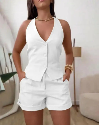 Women Elegant Solid Waistcoat Shorts Sets Single Breasted V Neck Vest Top + High Waist Slim Shorts Lady Office Wear Suits Summer