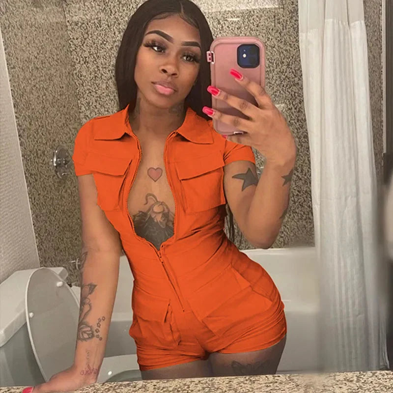 Streetwear Zipper Pockets Shorts Jumpsuit Women Clothing Short Sleeve Skinny Cargo Playsuit Summer Casual One Pieces Romper