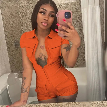 Streetwear Zipper Pockets Shorts Jumpsuit Women Clothing Short Sleeve Skinny Cargo Playsuit Summer Casual One Pieces Romper