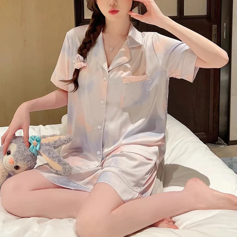 Korean Simple Sweet Ins Aesthetics Print Women's Pajamas Y2k Harajuku Colorful Trendy Sleepwear 2024 New Summer Fashion Homewear