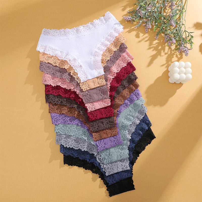 FINETOO 5PCS Sexy Lace Cotton Panties Women Brazilian Panties Ladies Sexy Low Waist Elastic T-Back Bikini Solid Soft Lingerie