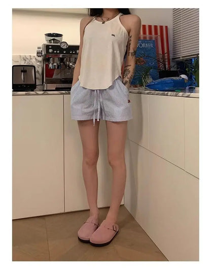 HOUZHOU Blue Striped Letter Embroidery Shorts Women Wide Leg Korean Fashion Short Pants Drawstring Baggy Casual Jorts Summer