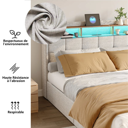 Rosahqnda Upholstered Double Bed 160 x 200 cm, Bed 180 x 200 cm with Storage Box, Storage Bed with 4 Drawers and LED Lighting