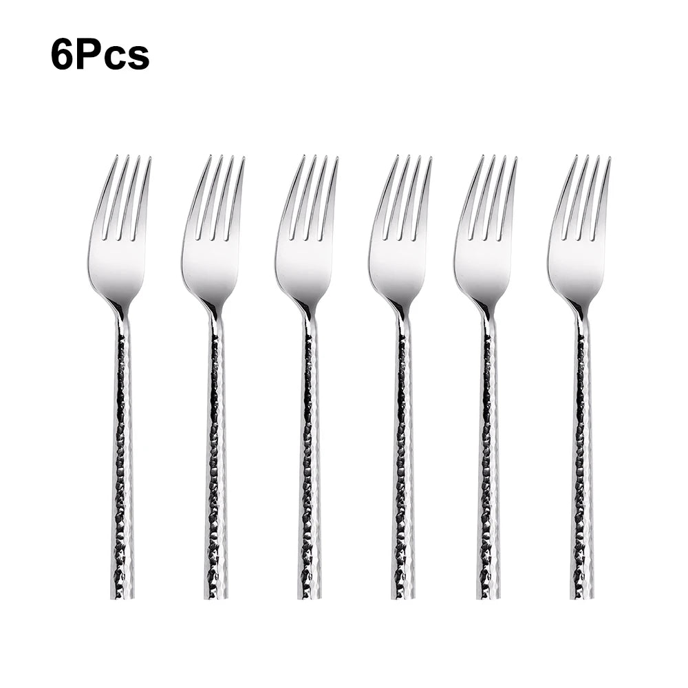 6/12/15Pcs Sliver Heavy Cutlery Stainless Steel 304 Tableware Western Dinner Set Mirror Hammer Pattern Handle Knife Fork Spoon