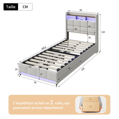Rosahqnda Upholstered Double Bed 160 x 200 cm, Bed 180 x 200 cm with Storage Box, Storage Bed with 4 Drawers and LED Lighting