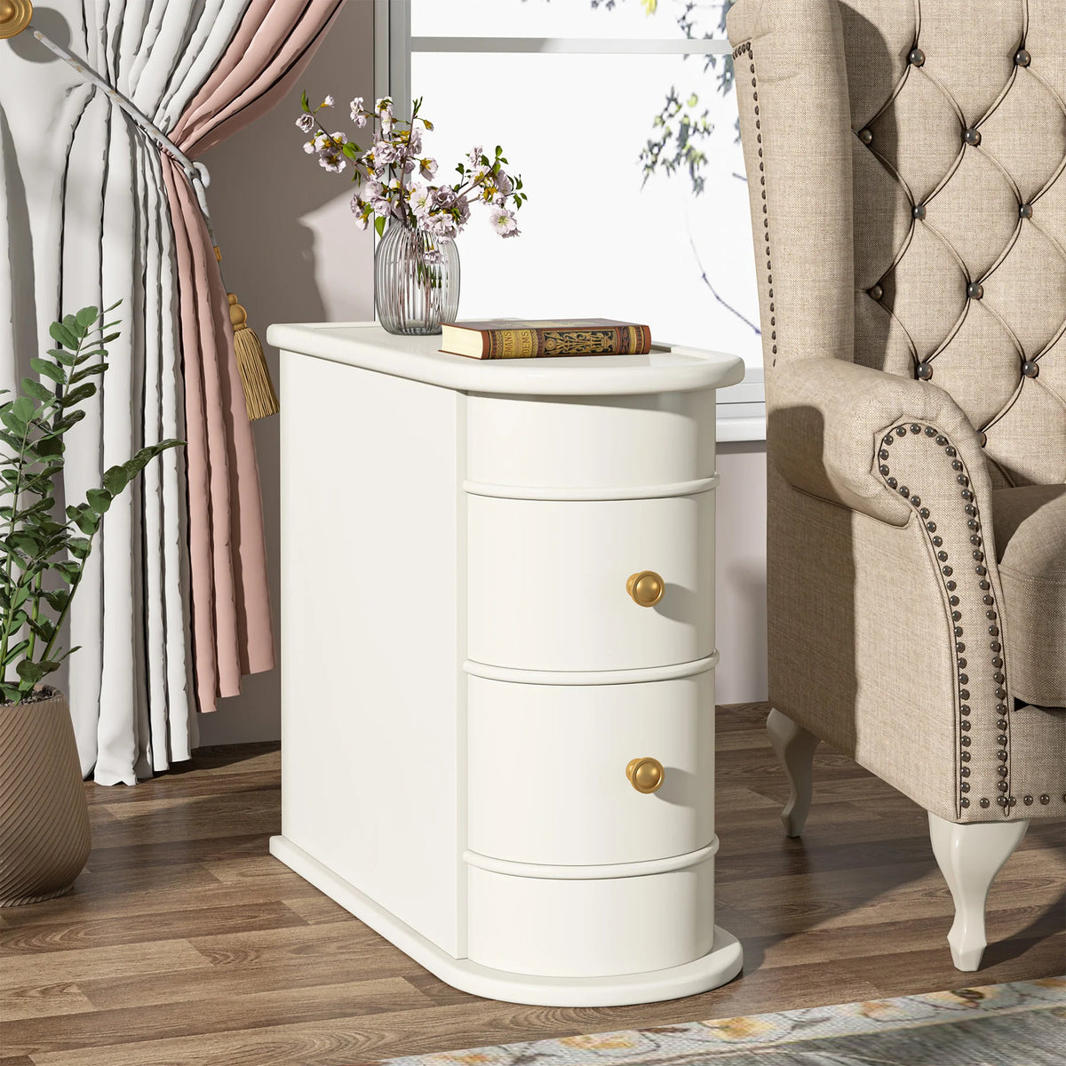 Tribesigns End Table Round Solid Wood Sofa Bedside Narrow Bedroom Side Table Nightstand with Drawer