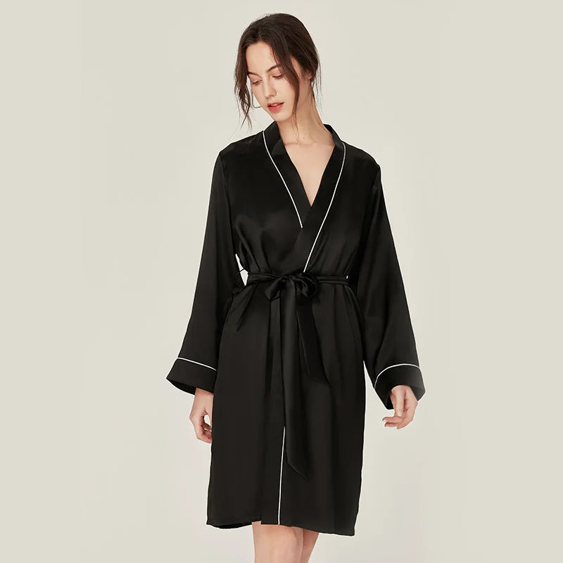 BirdTree, 100%Real Silk Simple Night-robe, Women V Neck Long Sleeve, Elegant Sexy Pajamas Robe, 2024 Summer Autumn New P469123QM