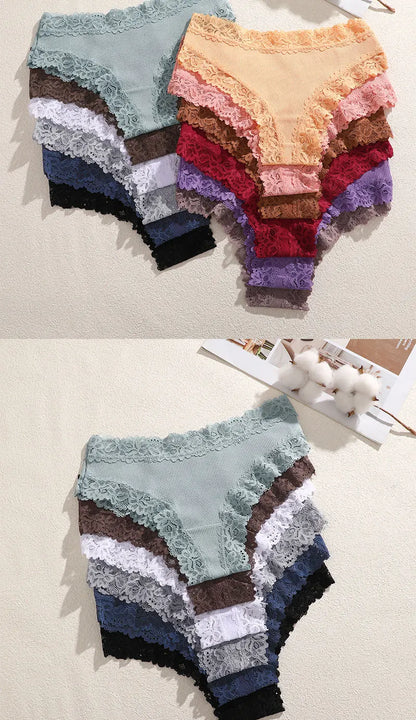 FINETOO 5PCS Sexy Lace Cotton Panties Women Brazilian Panties Ladies Sexy Low Waist Elastic T-Back Bikini Solid Soft Lingerie